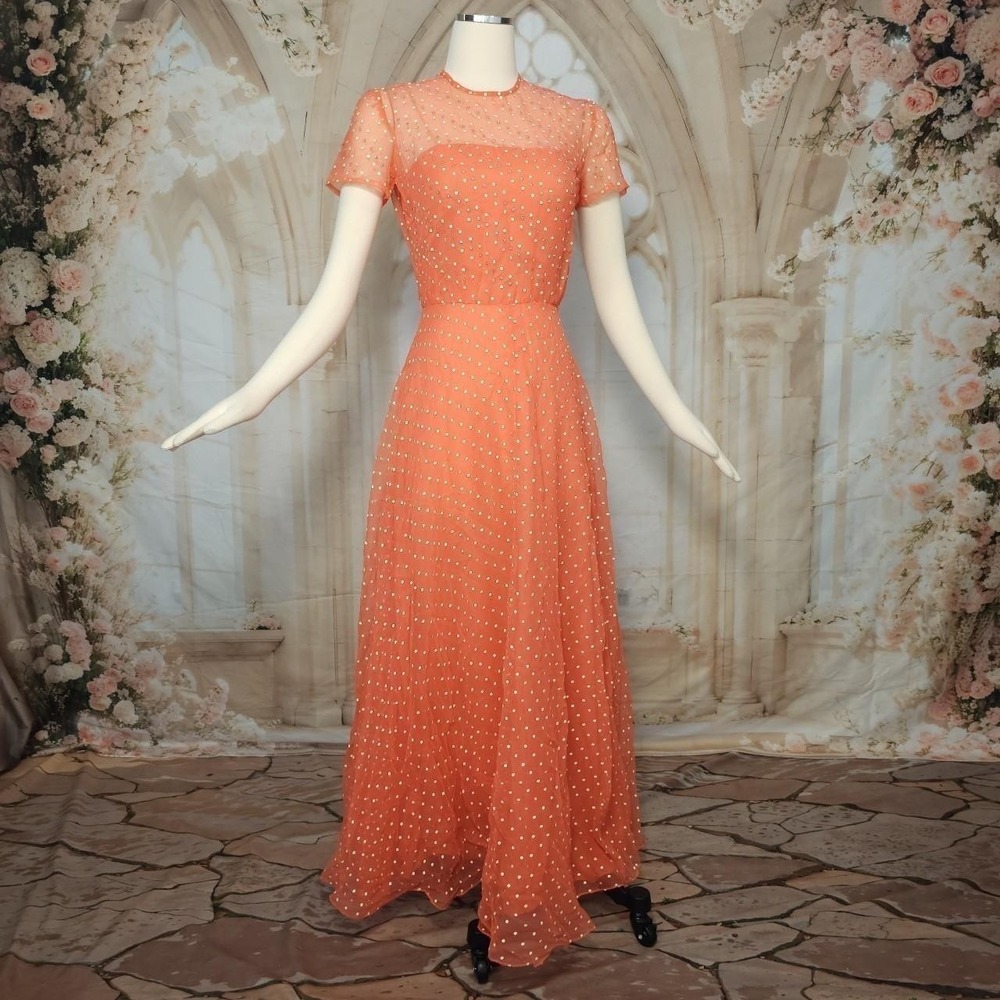 1970s Peachy Orange Polka Dot Rhinestoned Maxi Gown Sheer Chiffon Layered Dress